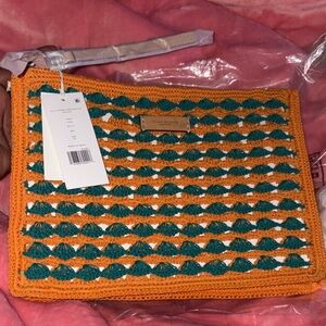 Tory Burch Vibrant Orange and Teal Crochet Clutch